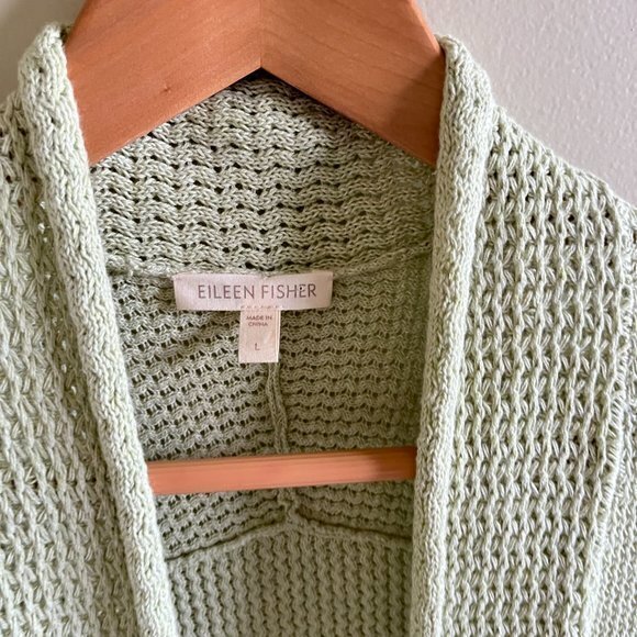 Eileen Fisher Open‎ Front Cardigan Sweater Green Womens Size L Chunky Knit - Picture 2 of 5